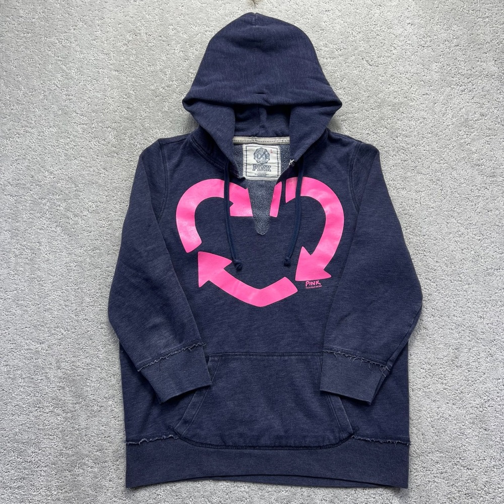 Y2k Victoria Secret PINK Hoodie Womens L Navy Blue Heart Graphic Bring Back Love